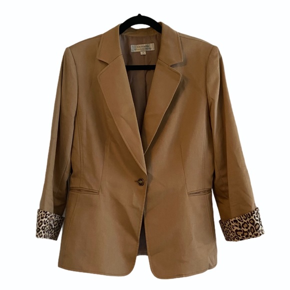 Tahari Khaki Blazer with Leopard Accent size 14 - Picture 1 of 6